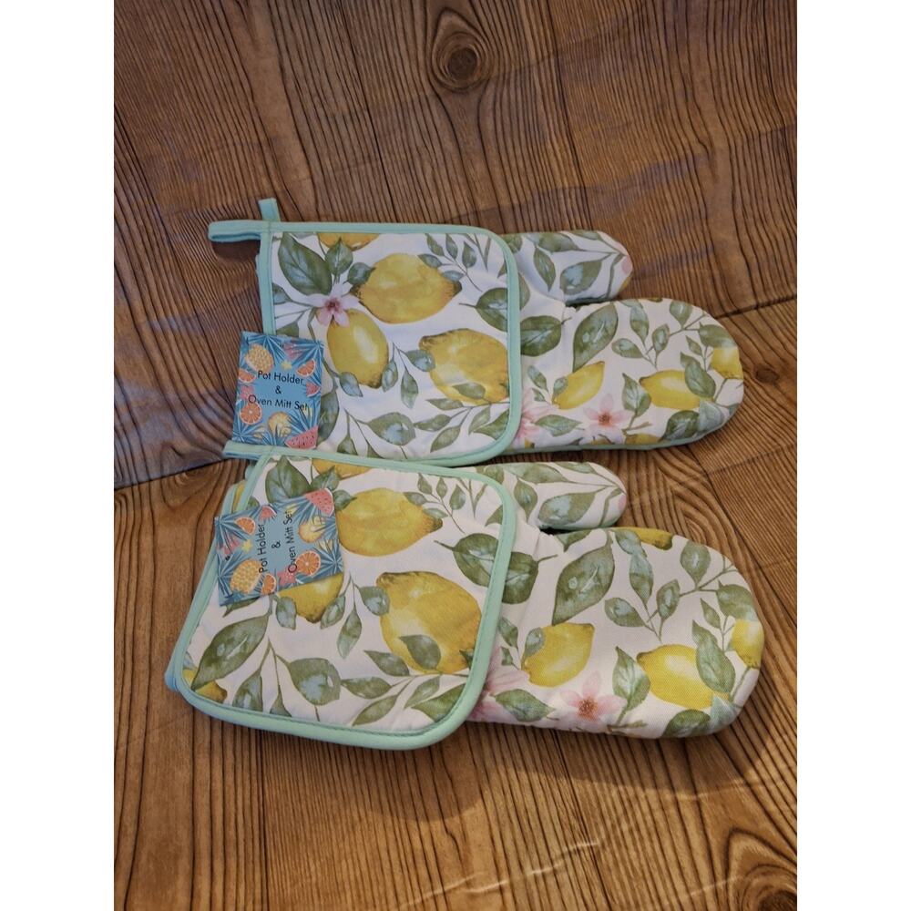 NEW POT HOLDER + OVEN MITT MATCHING SET, YELLOW LEMON + GREEN (SKU#760)